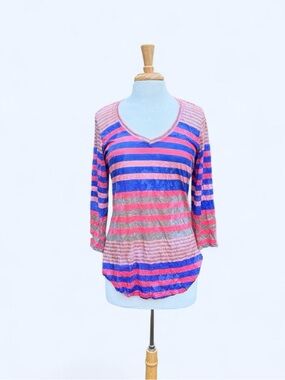 David Cline Striped V-Neck 3/4 Sleeve Women's Top in Pink & Blue
